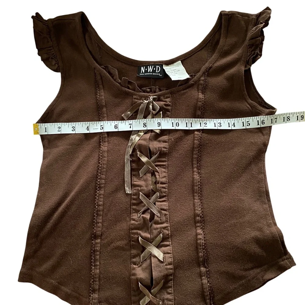 Vintage Y2K Lace Up Top Cotton Corset Style Renaissance Brown Tank Top M Womens - Picture 4 of 9